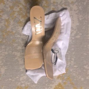 NWT Zara Squared Toed Nude Kitten Heel w/ Clear Strap